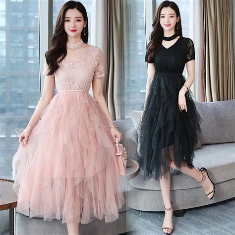 Fashion Korea Elegant Pink Lace Patchwork Chiffon Tassel Dress Women
