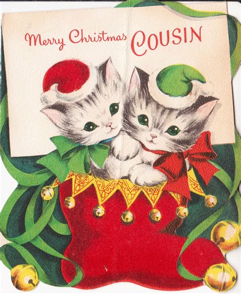 1954 merry christmas cousin kittens in stocking christmas