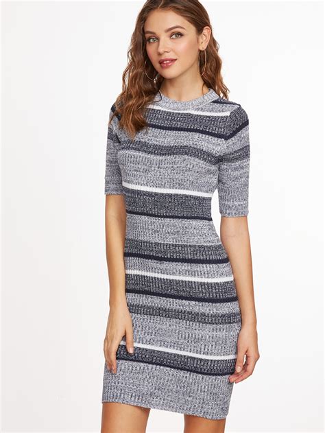 grey striped short sleeve sheath sweater dress sheinsheinside