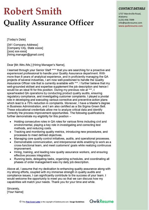 quality assurance officer cover letter examples qwikresume
