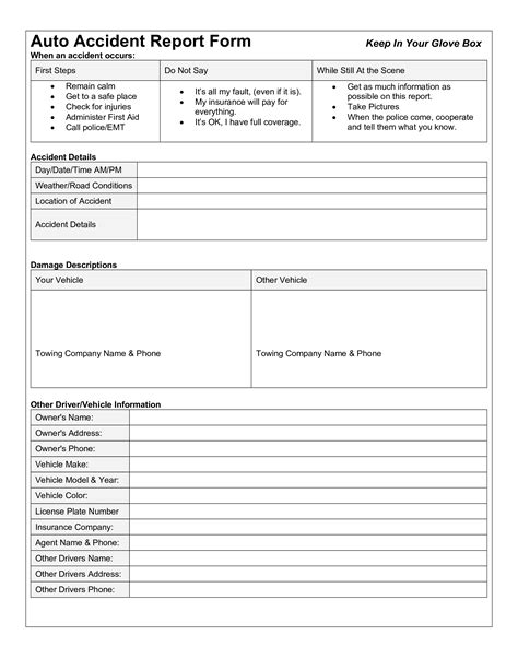 printable vehicle accident report form template   printable