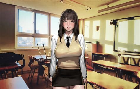 wallpaper original characters asian brunette classroom jk school uniform  artwork