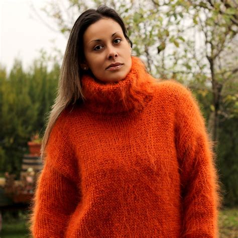 Hand Knit Mohair Sweater Dark Orange Fuzzy Turtleneck Jumper Etsy
