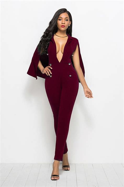 Burgundy Jumpsuit Outfit With Deep V Neck And Cape Style