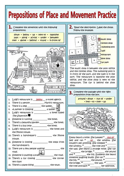 prepositions  place  movement practice english esl worksheets