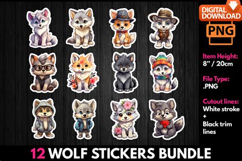 cute wolf stickers bundle graphic  mmshopart creative fabrica
