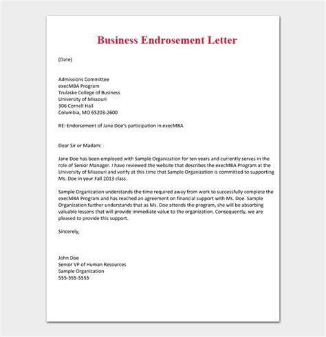 write  endorsement letter  samples letter format