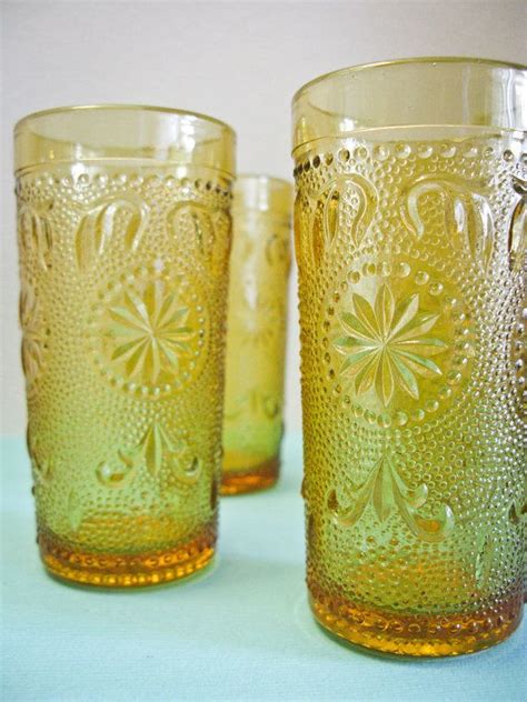 Vintage 1960s Juice Glasses Amber Cut Glass Small Yet
