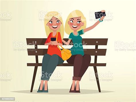 Two Blonde Girls Sitting On A Bench Are Doing Selfie Stock Illustration