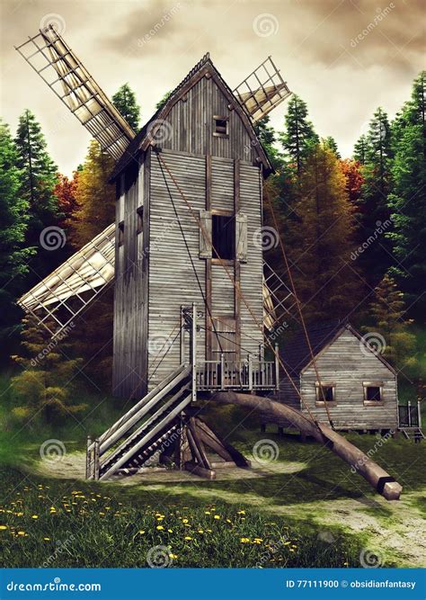 medieval windmill  shed stock illustration illustration  countryside