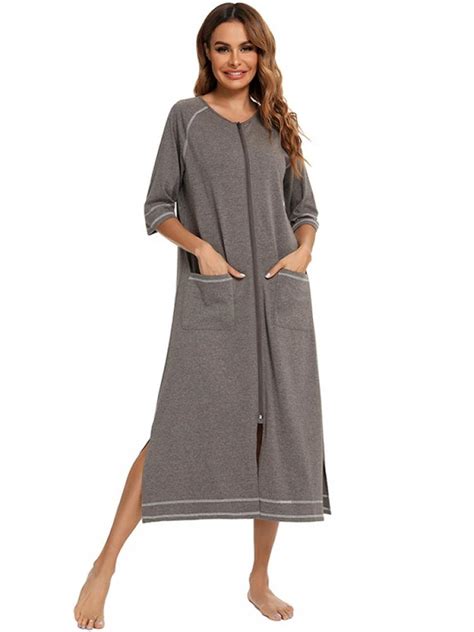 topwoner women long house coat zipper front robes full length nightgowns  pockets solid
