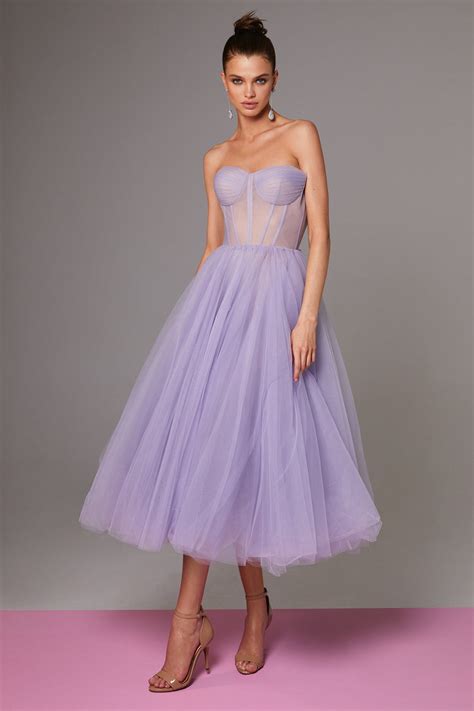 Lavender Strapless Puffy Midi Tulle Dress Milla Dresses Usa