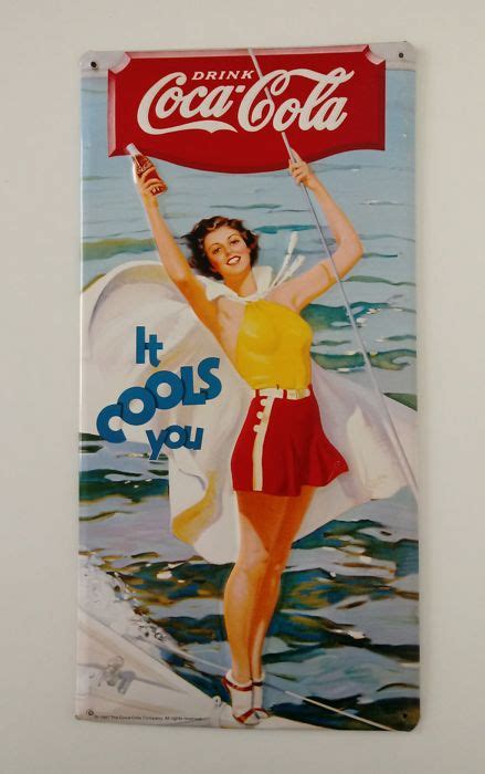 original and rare coca cola it cools you advertising metal sign limited edition pin up girl