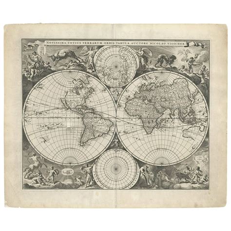 gorgeous antique world map   dutch mapmaker visscher published circa   sale  stdibs