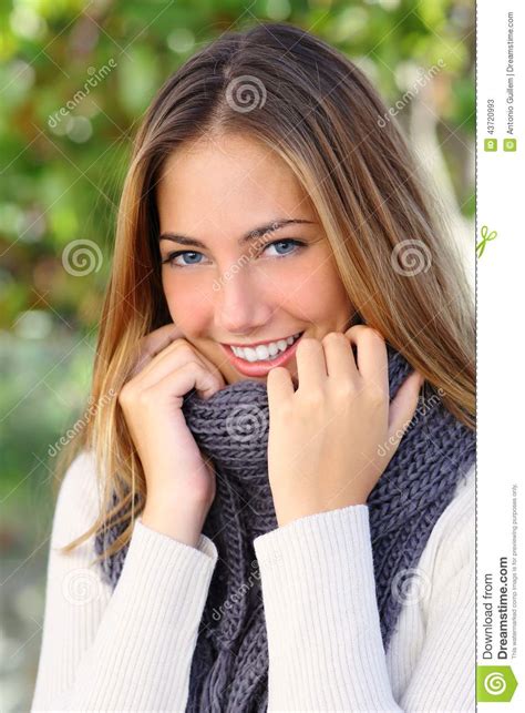 Beautiful Woman With A White Perfect Smile In Winter Stock