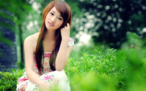 Wallpaper Sunlight Model Grass Asian Dress Green