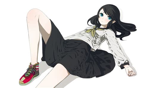 anime girl  black hair blue eyes laying  school uniform sneakers anime original