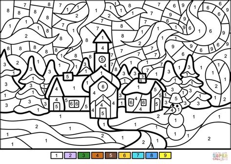 winter town color  number  printable coloring pages coloring