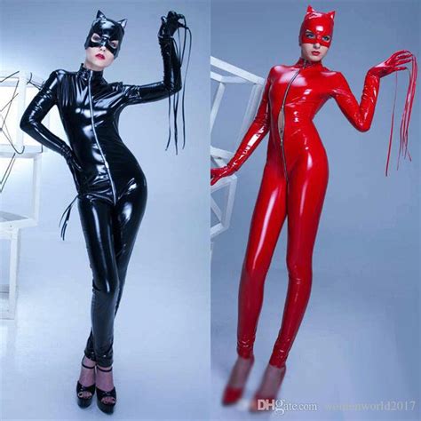 online cheap women black red sexy long sleeve faux leather latex catsuit clubwear sexy lingerie