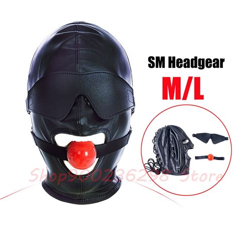 sm leather head mask with removable blindfold and mouth ball gag bdsm