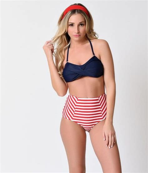 retro sailor style navy red and white stripe bandeau high waist bikini