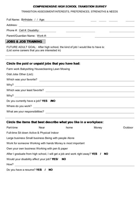 comprehensive high school transition survey printable