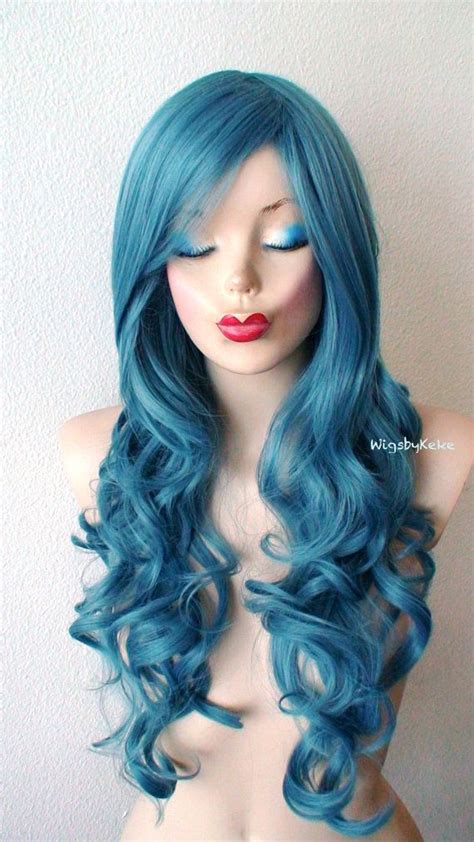 teal blue wig lace front wig long curly hairstyle wig