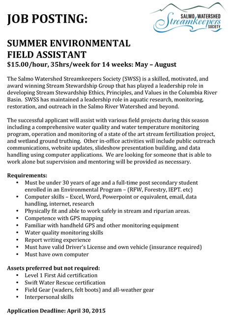 job posting summer environmental field assistant salmo watershed