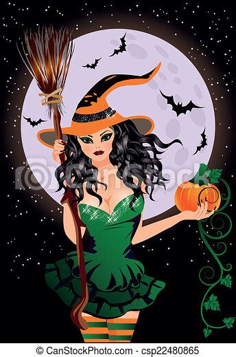 Clip Art Vector Of Happy Halloween Sexy Night Witch With Pumpkin