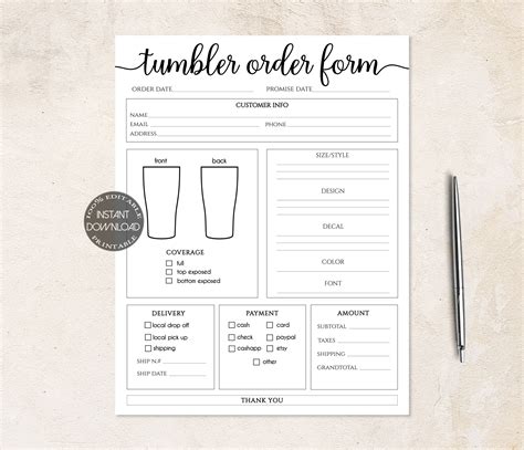 tumbler order form editable custom tumbler order form etsy canada