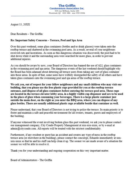 condo board letter  residents   safety issues  concerns