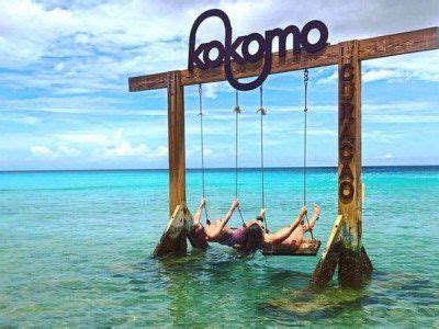 people laying   water  wooden swings   suspended  ropes   word gomo
