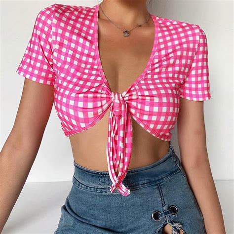 wholesale tp870004 hot selling women tie front pink print plaid short