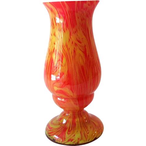 Large Vintage Bright Orange And Yellow Swirl Art Glass Vase