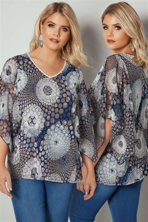 paprika blue and white circular print blouse with pearlescent bead embellishments