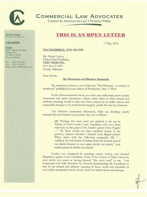 letter  retraction  offensive statements