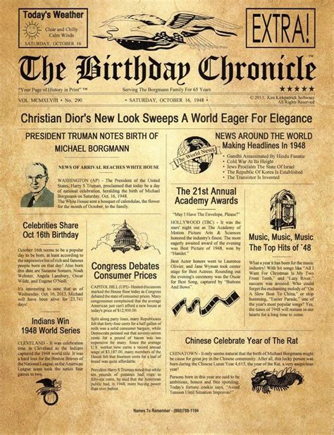 printable birthday newspaper  facts   day   born
