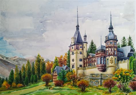 magical castle art painting castle original watercolor etsy castle painting castle art