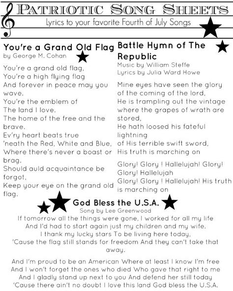 patriotic song sheets patriotic songs july lyrics july songs