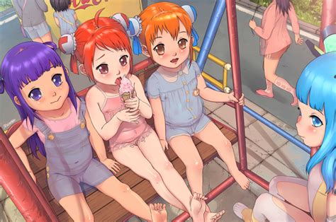 6 Girls A 801 Bag Barefoot Blue Eyes Blue Hair Brown Eyes Brown Hair