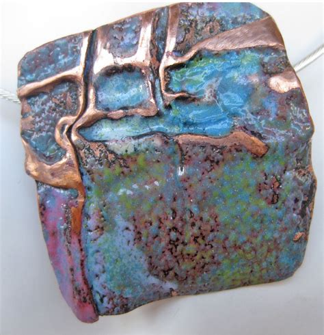 pendant fold formed enameled copper etched jewelry enamel jewelry enameling jewelry