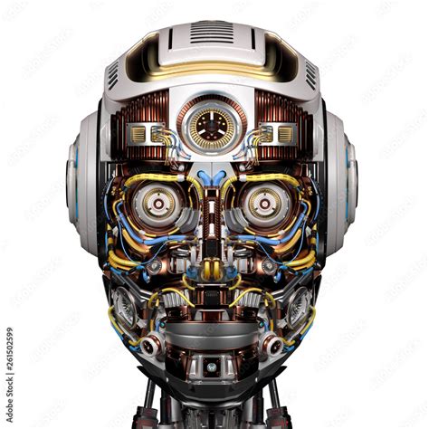 extremely detailed robot face  technological cyborg head front view