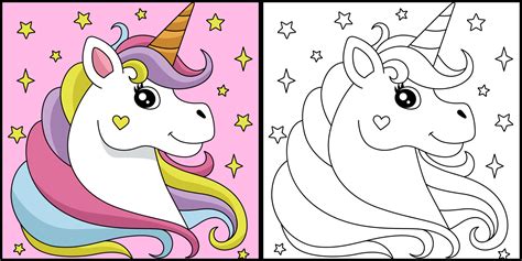 unicorn head coloring page colored illustration  vector art