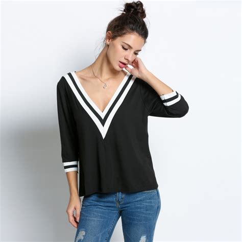 Women Sexy Striped V Neck Loose Tops 3 4 Sleeve T Shirt White Black