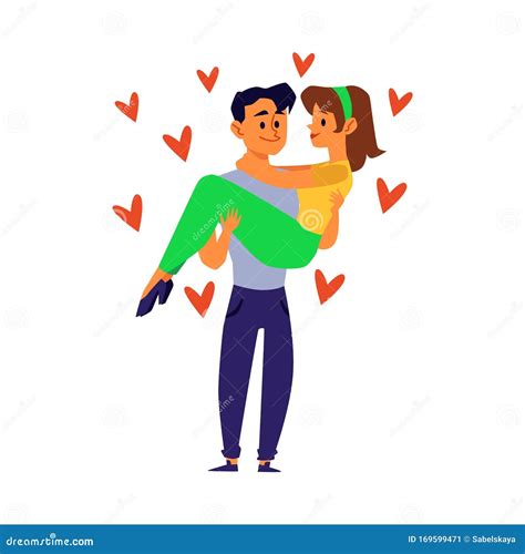Happy Couple In Love Cartoon Man Holding Woman In His Arms Stock