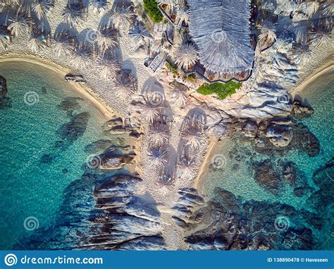 beautiful beach top aerial view drone shot stock photo image  sithonia coast
