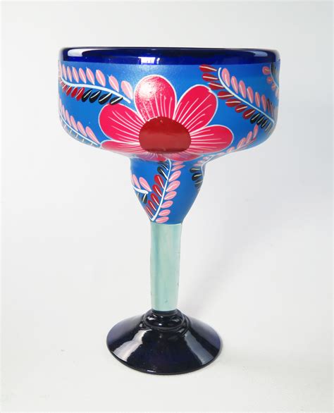 Mexican Margarita Glass Xxl 56 Oz Painted Pop Flowers On Blue