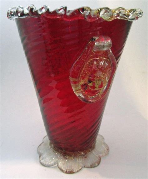 Murano Ruby Red Glass Vase With Lion Handle Venetian