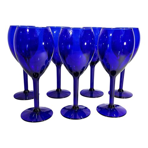 Set Of 7 Cobalt Blue Glass Stem Wine Goblets Chairish