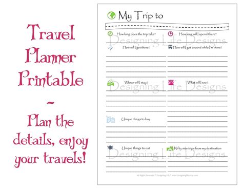 vacation travel planner printable  sheets  trip